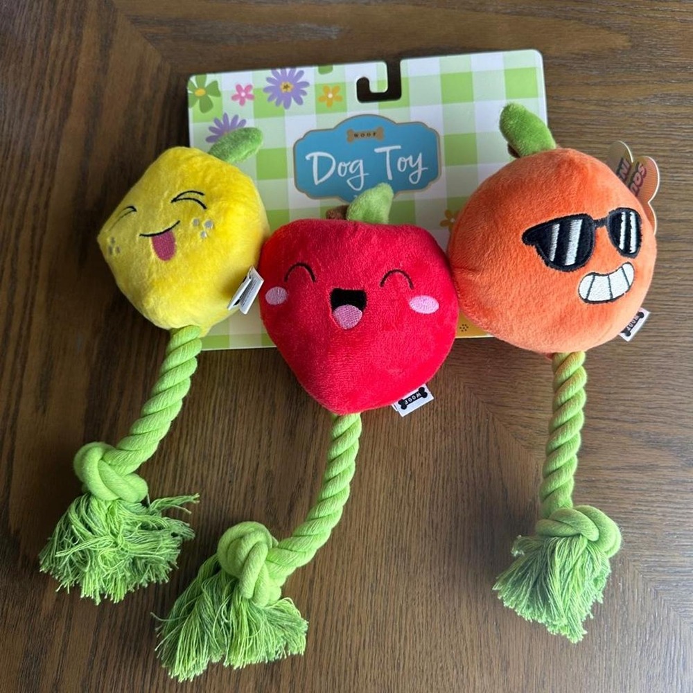 Woof dog toys - 3 pack of fruit plush toys with rope handles
